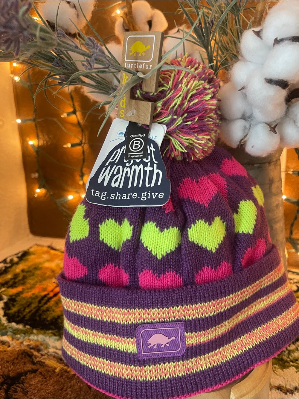 Turtlefur Kids Purple Beanie with Pink & Neon Green Hearts
